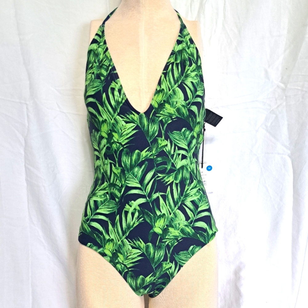 NWT ONIA Tropical Leaf One-Piece Plunging Halter Swimsuit, M